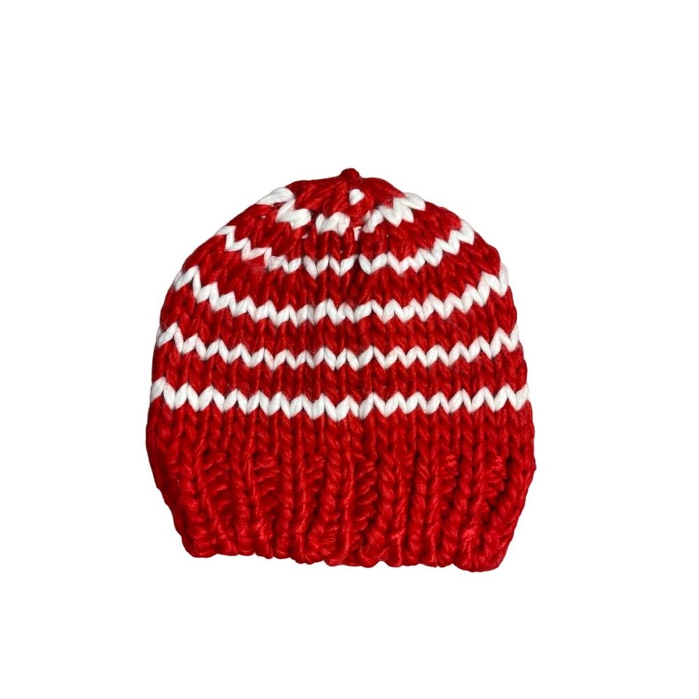 BP Hat Knit Chevron Striped Beanie Cap Infant Baby Red White Chunky Cable Knit